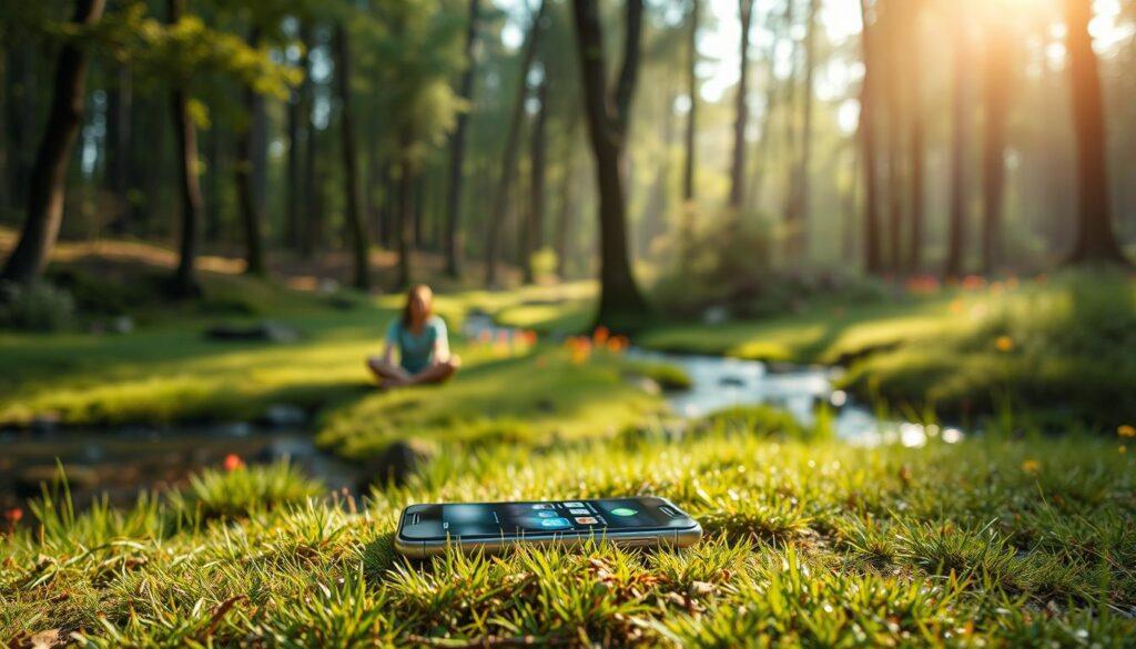 Déconnexion numérique en pleine nature, téléphone laissé à distance