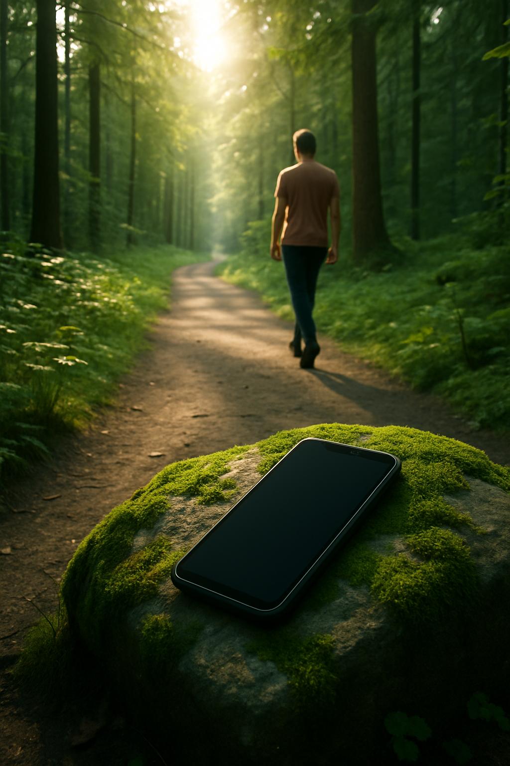 Téléphone laissé sur un rocher pendant une marche en forêt