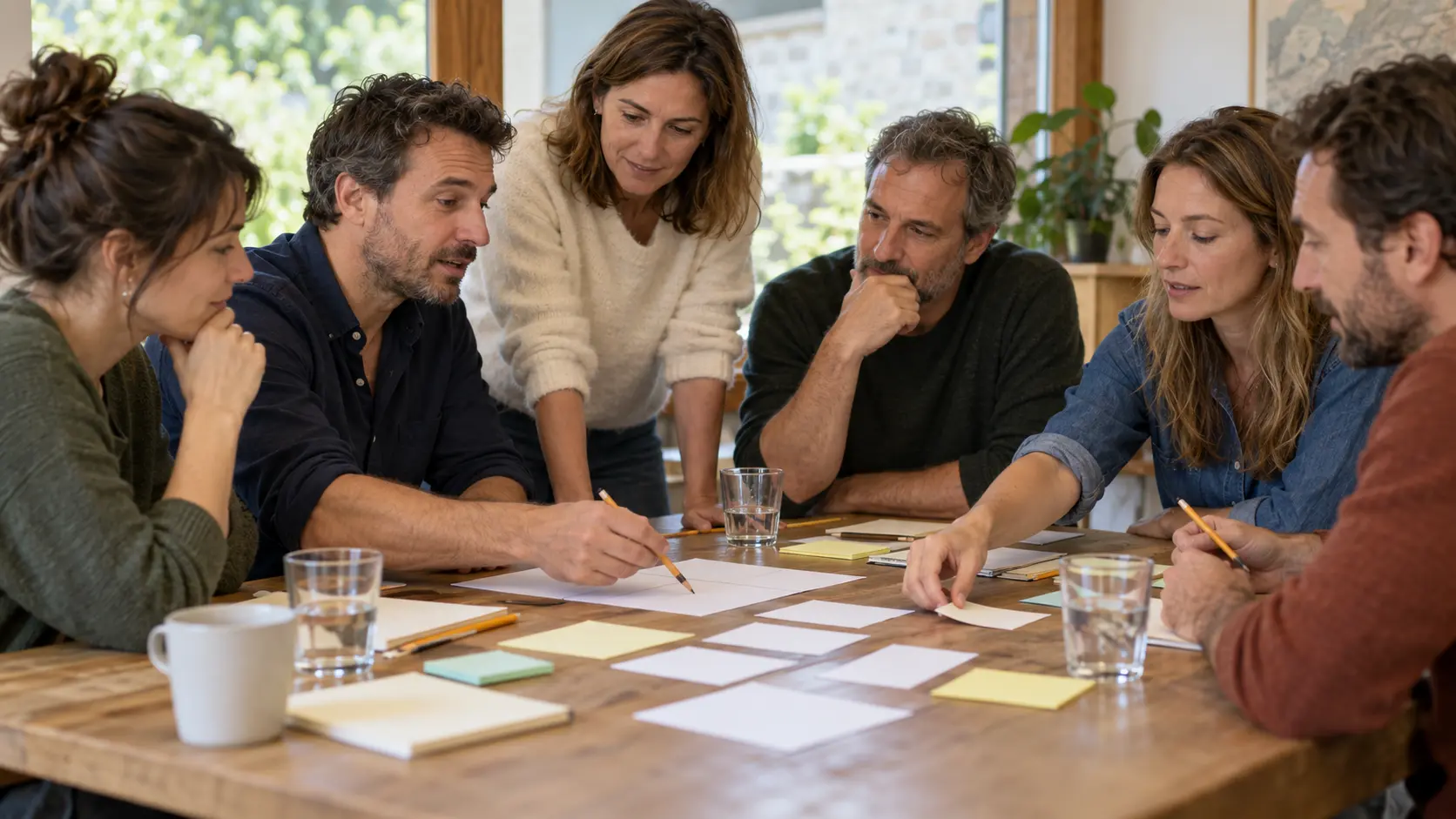 Six collègues collaborent autour d’une table avec du papier et des crayons, sans écran.