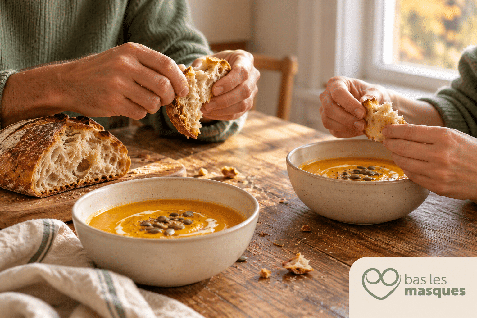Des mains partagent du pain près de deux bols de soupe.